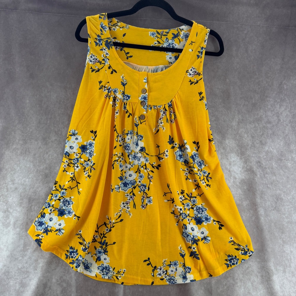 Yellow Floral Sleeveless Henley Blouse Blue White Flower Print Tunic Large Boho